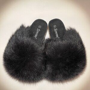 Real Fur Black Fox Slides